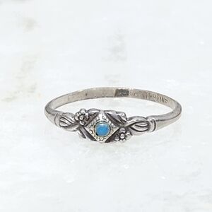 Vintage Southwest Sterling Silver Turquoise Floral Stamped Thin Band Ring Size 6